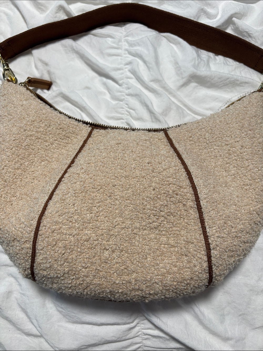 Rothy's Cream Sherpa Crescent Shoulder Bag with Brown Trim